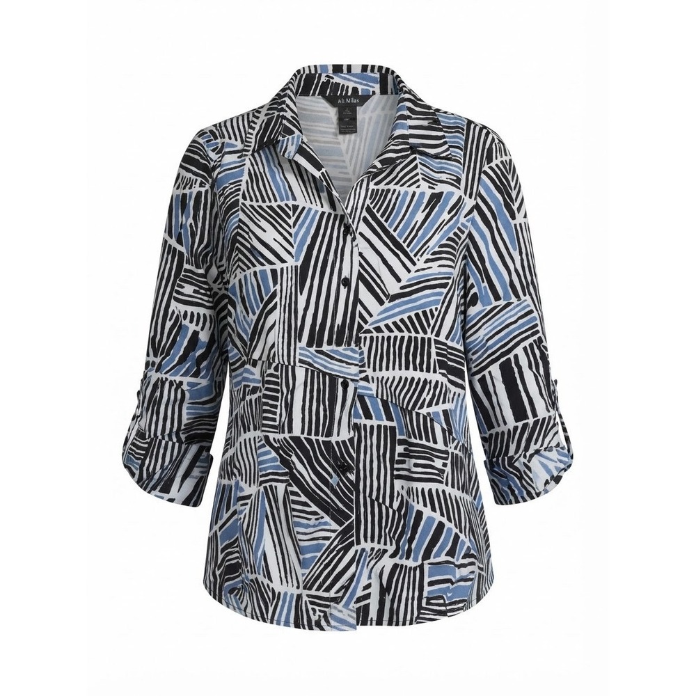 Ali Miles Small Top Boho Art Colorful Stretch Blue Black Fall 3/4 Sleeve